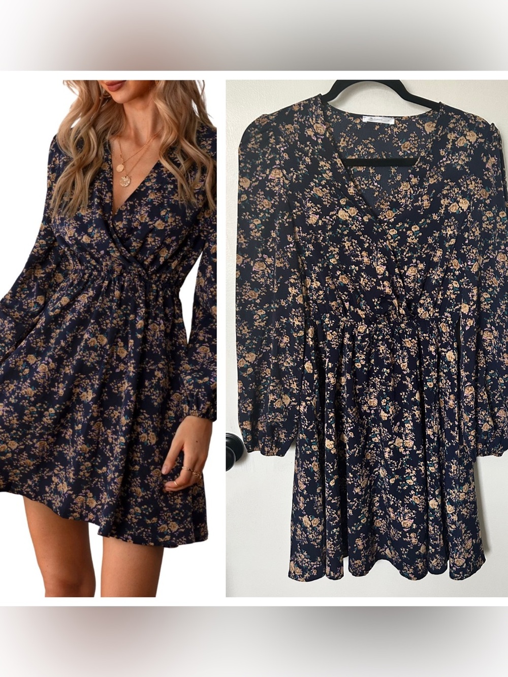 CUPSHE Women Multicolor Surplice Stretch Waist Long Sleeve Midi Dress SMALL